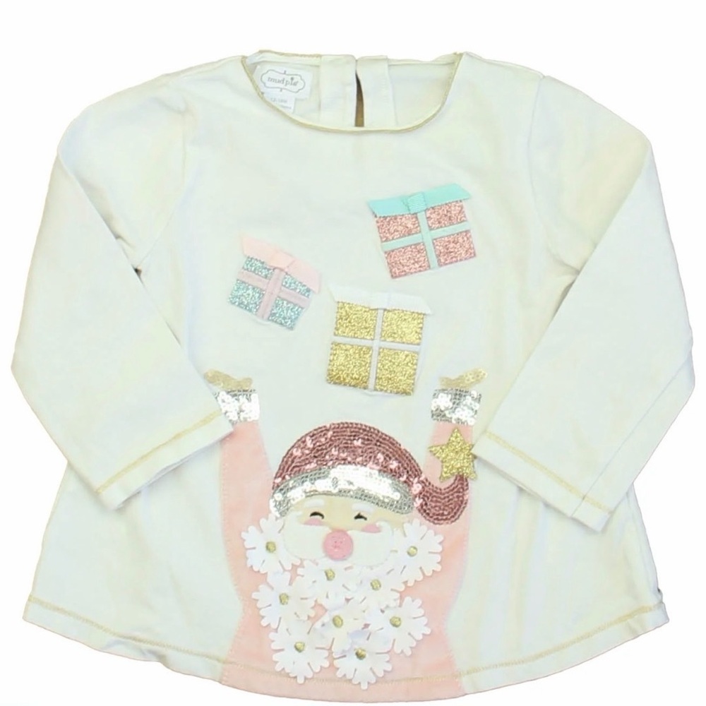 Mud Pie white Long Sleeve Kids Shirt with Santa and Gifts- size 5T